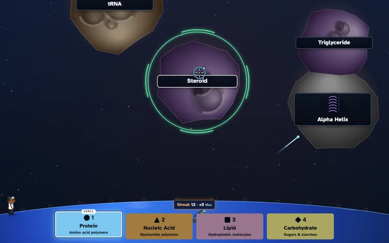 A laser streaks from a blue planet toward an Alpha Helix asteroid while the crosshair locks onto Steroid, above blasters for Protein, Nucleic Acid, Lipid and Carbohydrate.