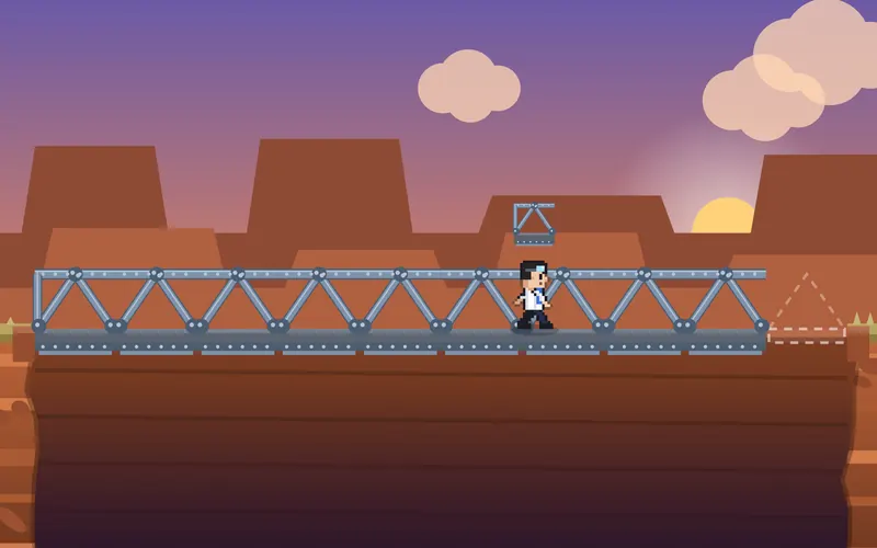 A pixel-art builder in a lab coat walks a nearly finished steel truss bridge across a red desert canyon at sunset, one gap left to fill.