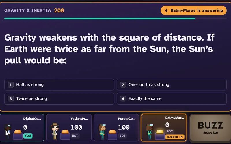 A quiz-show clue asks how the Sun's pull would change if Earth were twice as far away, while a player who buzzed in answers.