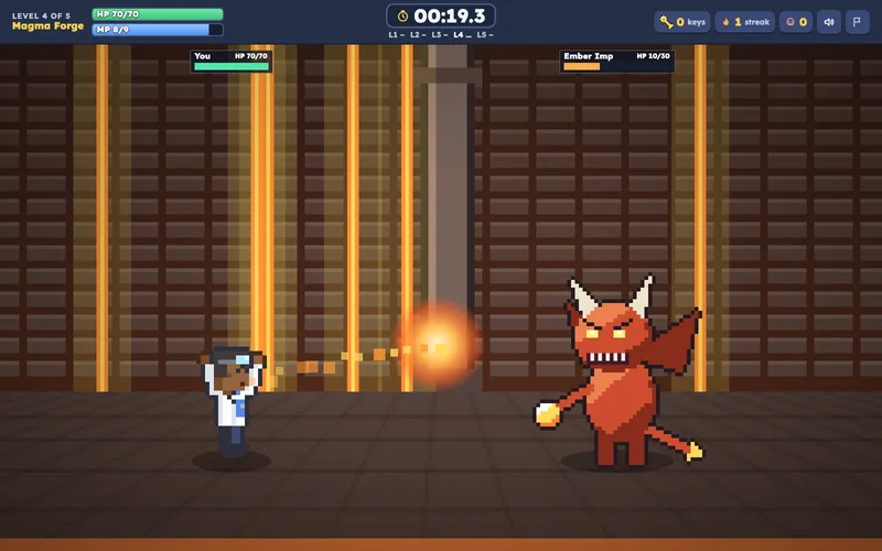 A pixel-art scientist hurls a blazing fireball across a lava-lit forge hall at a grinning red Ember Imp, with health, magic and the run clock shown above.