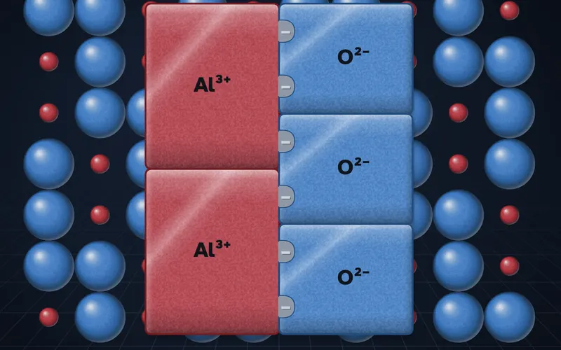 Two red Al³⁺ puzzle pieces lock into three blue O²⁻ pieces as a crystal lattice of ions grows around them.