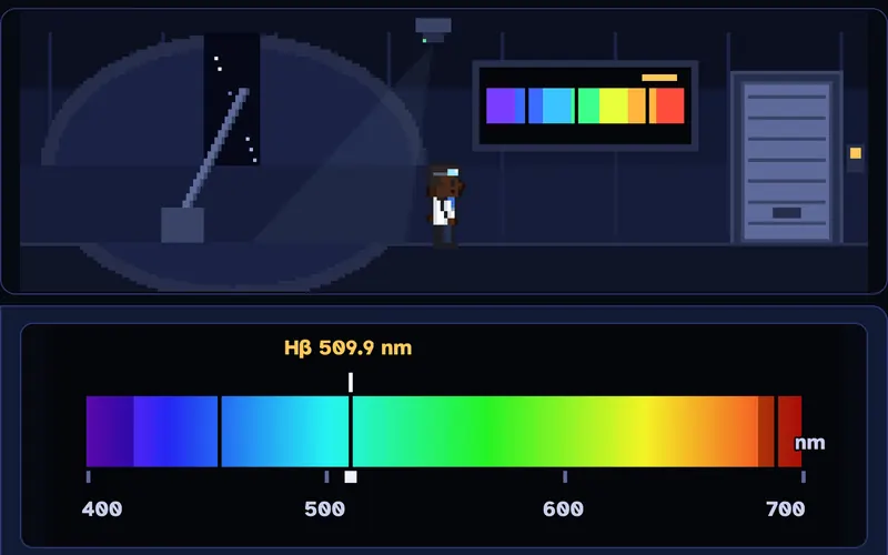 A pixel-art scientist stands by an observatory telescope above a galaxy spectrum with a marked hydrogen line, a clue to crack the lock.
