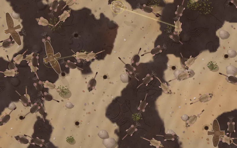 Great horned owls swoop over a desert of pale sand and black lava, where light and dark pocket mice scatter, one mouse caught in an owl's yellow sight-line.