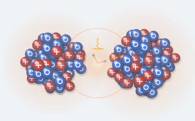 A uranium nucleus splits into two fragments of red protons and blue neutrons, releasing free neutrons, a gamma ray and 187 MeV.
