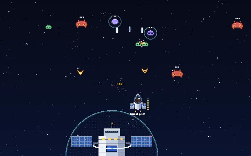 A pixel spaceship guards a domed space station, firing plasma bolts at a swarm of colorful pixel aliens.