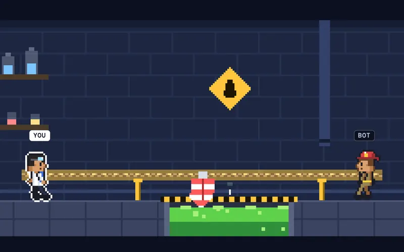 Two pixel-art scientists strain at opposite ends of a rope in a lab, its flag hanging above a pit of bubbling green goo.